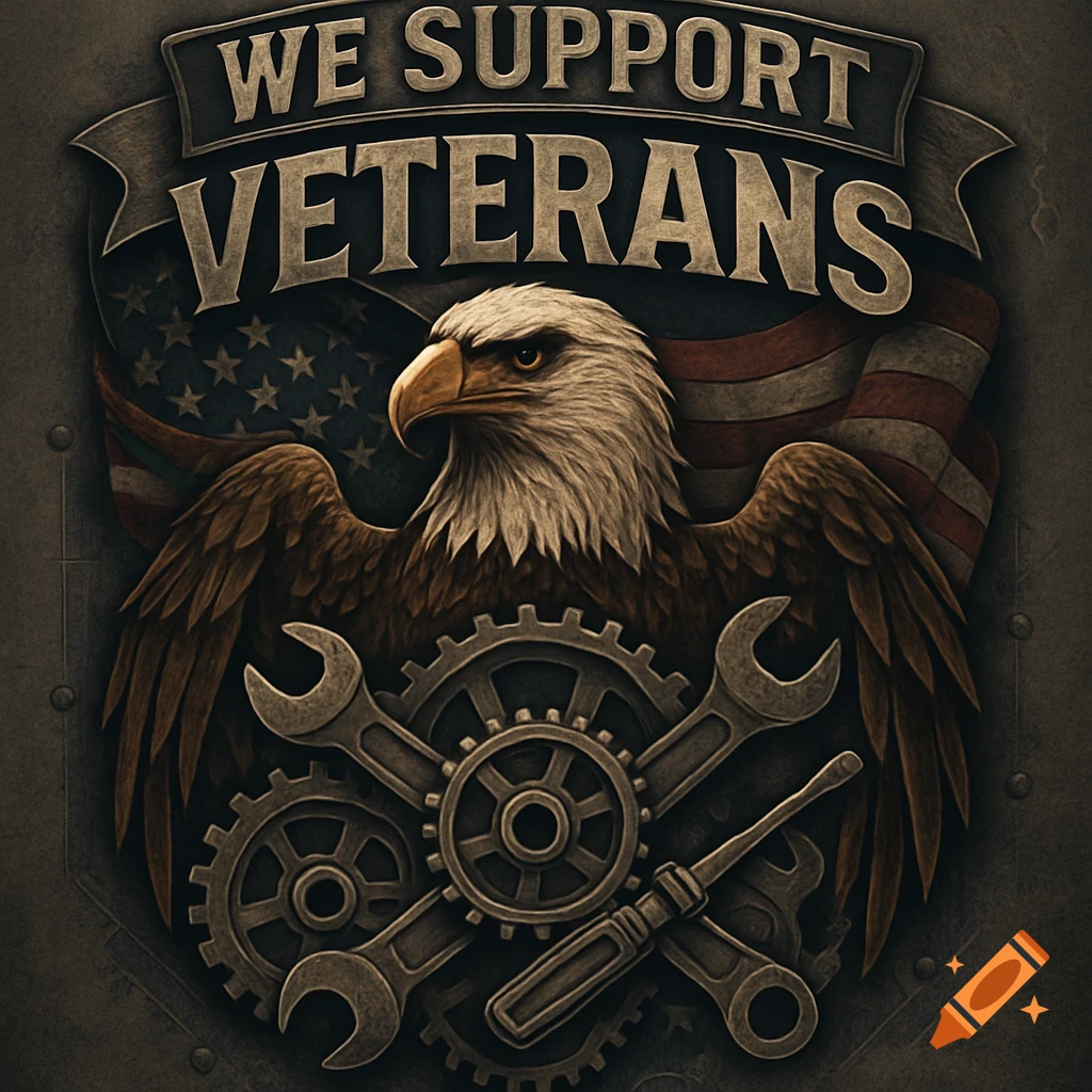Stylized metallic emblem with a bald eagle, American flag, crossed wrenches, gears, and "WE SUPPORT VETERANS" text.