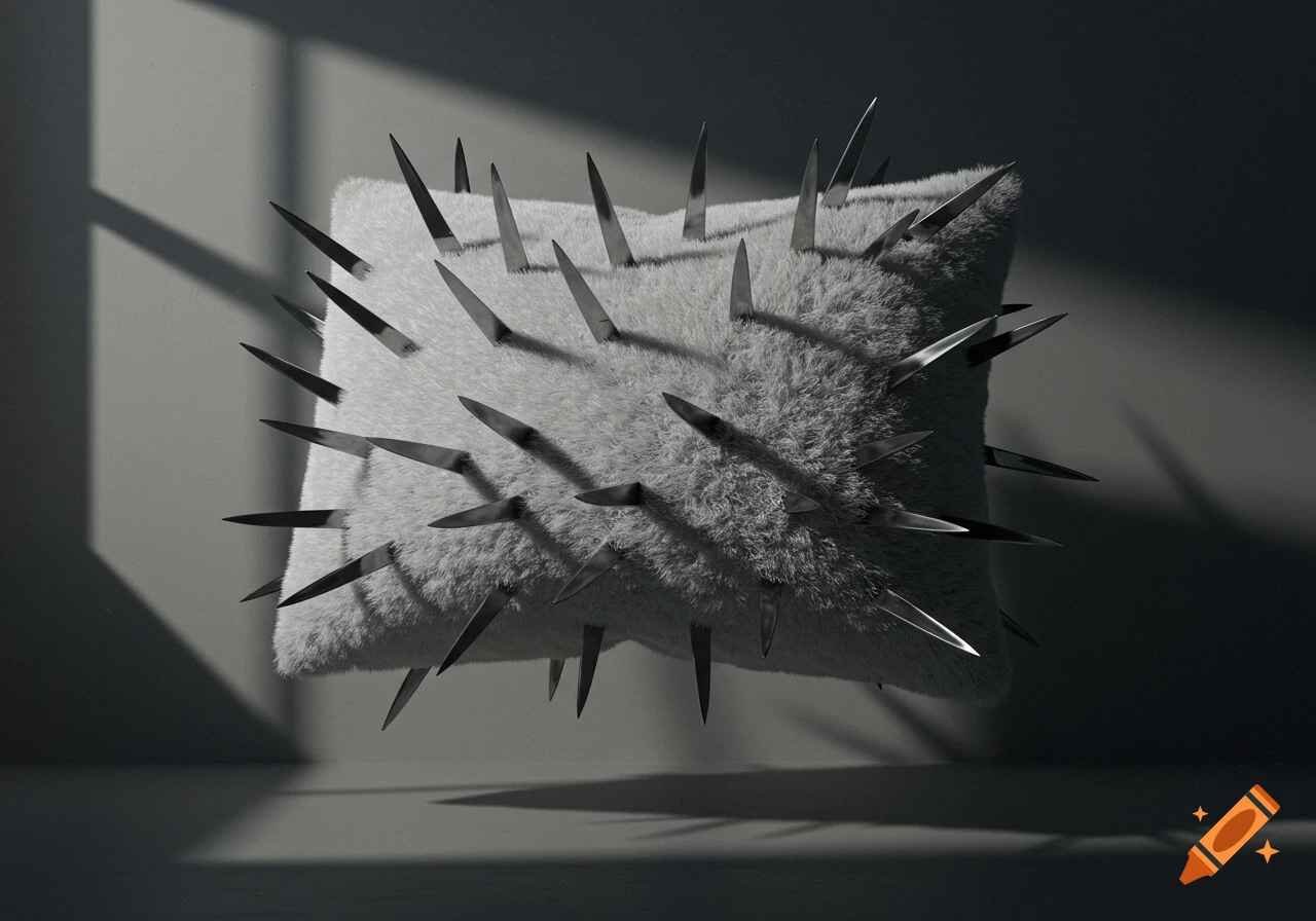 Photorealistic image of a white fluffy pillow covered in sharp metal knives, in a stark, shadowed room.