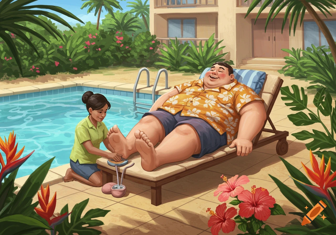 An illustration of an overweight man getting a foot massage by a pool at a tropical resort.