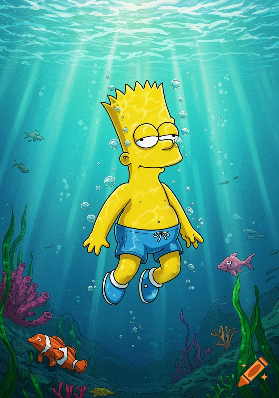 Bart Simpson swims underwater in blue trunks, surrounded by bubbles, light rays, fish, and coral in a cartoon style.