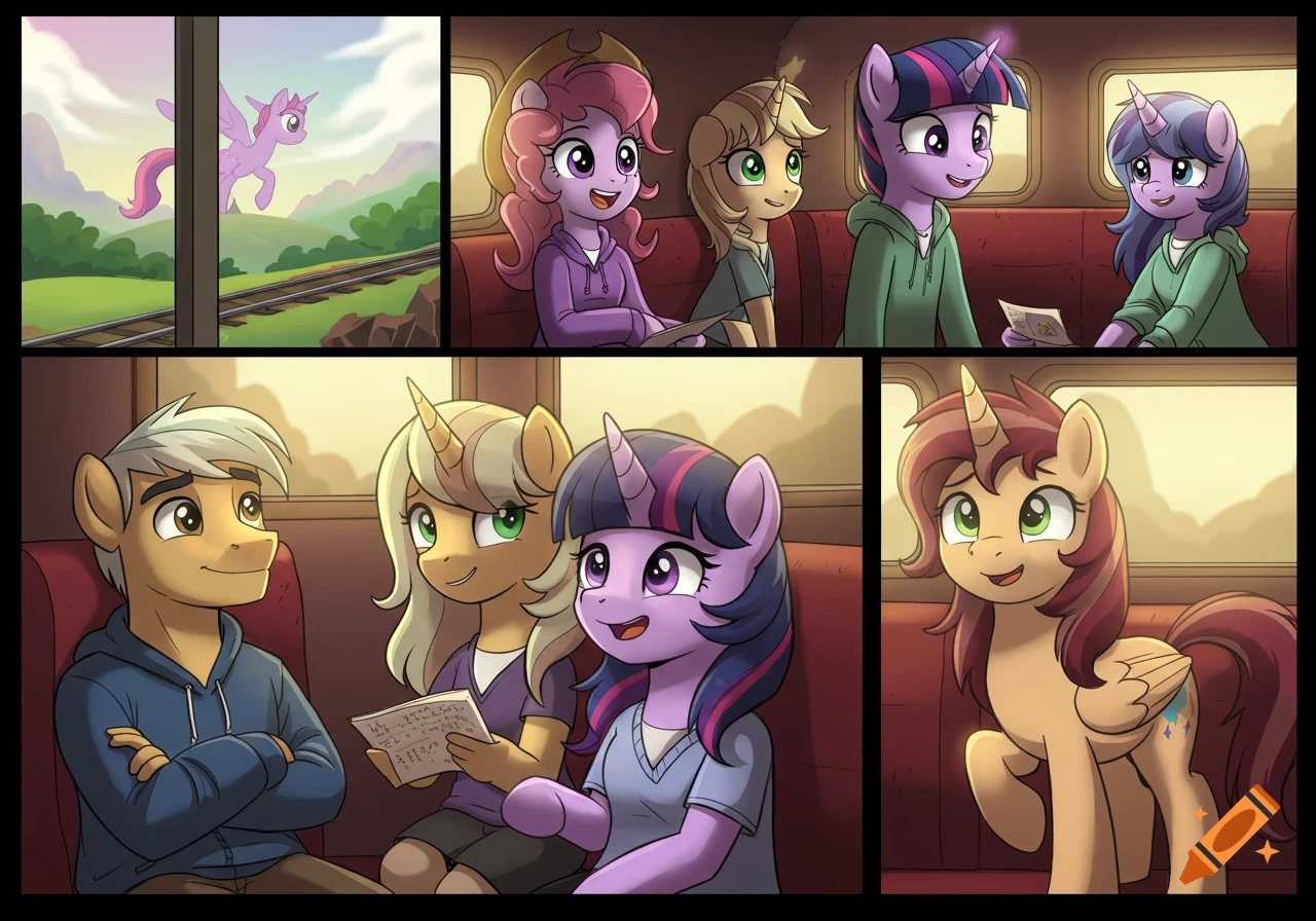 A multi-panel comic-style image featuring anthropomorphic ponies on a train. One panel shows a pink pony running outside, while other panels show groups of ponies inside the train car, some holding papers.