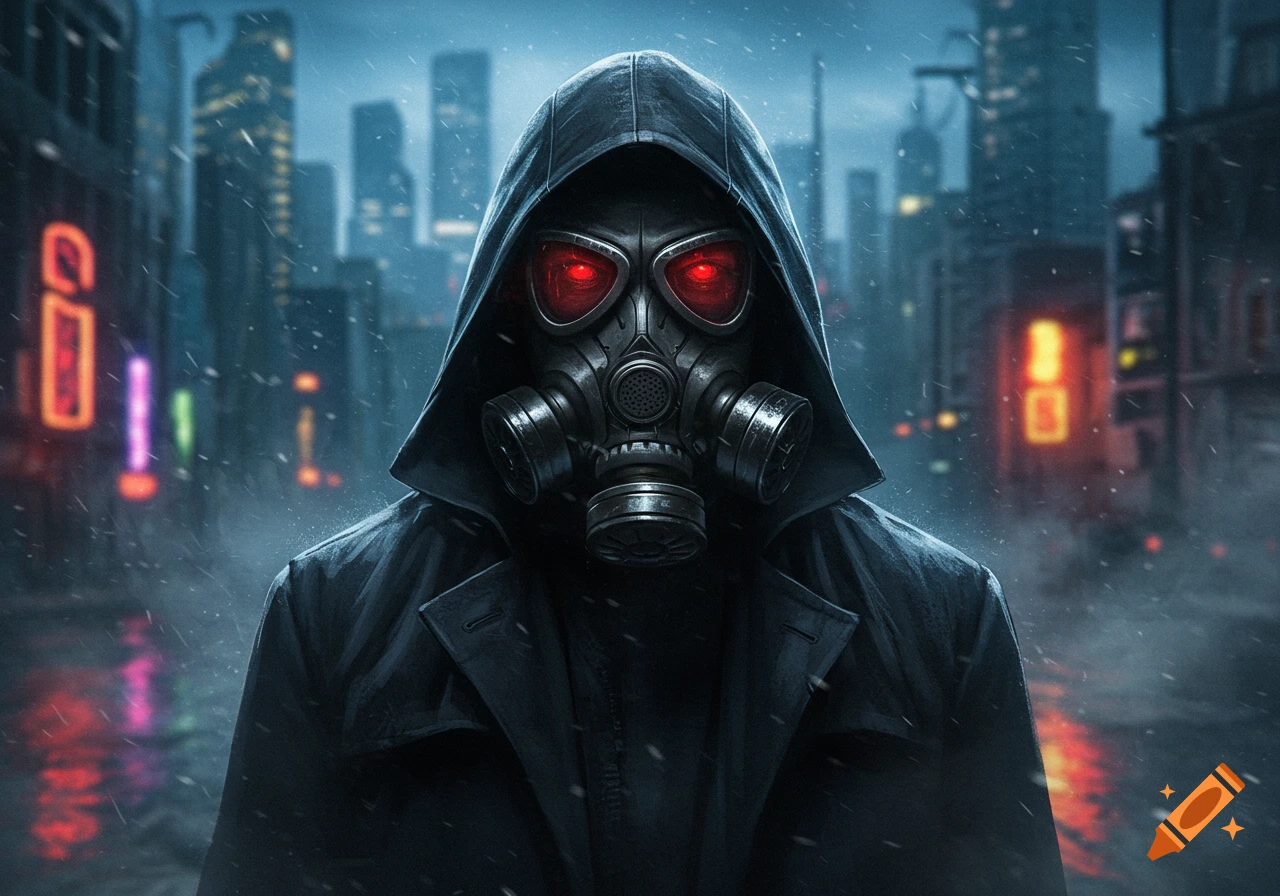 A man in a black hood and gas mask with glowing red eyes stands in a rainy, dark city with neon lights.