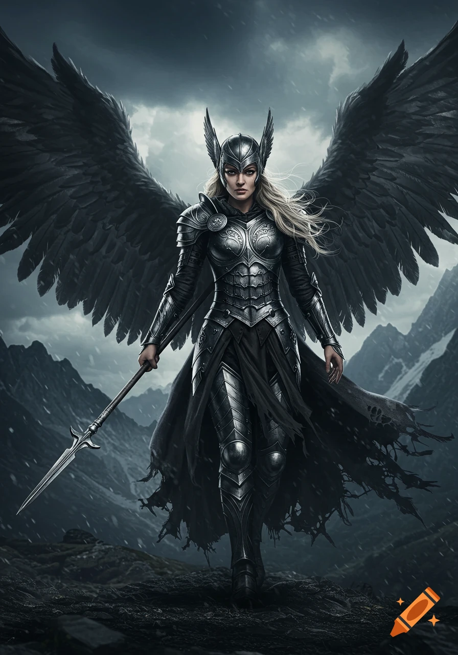 A powerful winged valkyrie in full black and grey armor stands ready for battle in a snowy mountain landscape.
