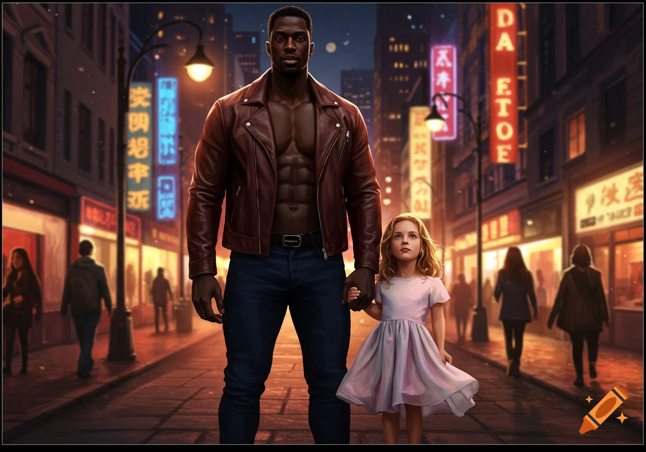 A tall, muscular Black man in a brown leather jacket and jeans holds hands with a small blonde girl in a light pink dress, walking down a neon-lit city street at night.