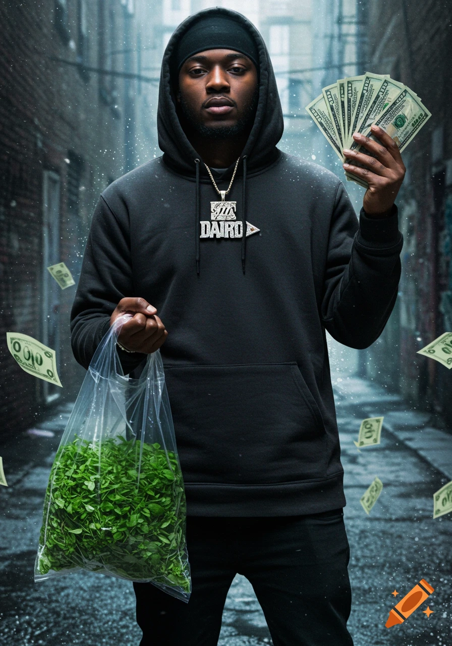 A man in a black hoodie holds a fan of money and a clear bag of green leaves in a dark, gritty alley with floating money.