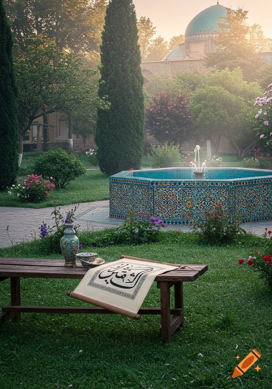 A serene garden with a tiled fountain, a bench holding a vase, a bowl, and an Arabic calligraphy scroll, with an ornate domed building in the misty background.