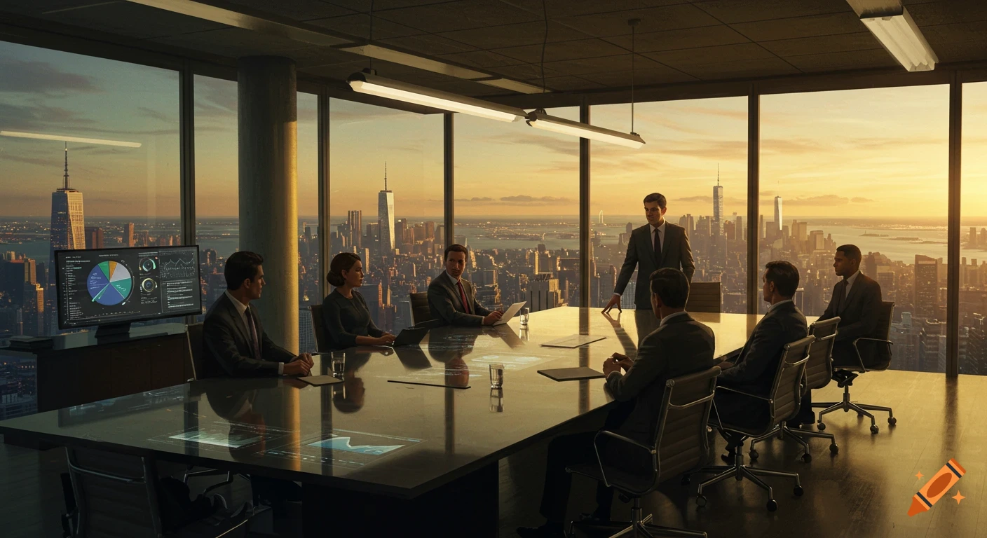 A group of businesspeople hold a meeting in a modern skyscraper conference room with large windows overlooking a city skyline at sunset.