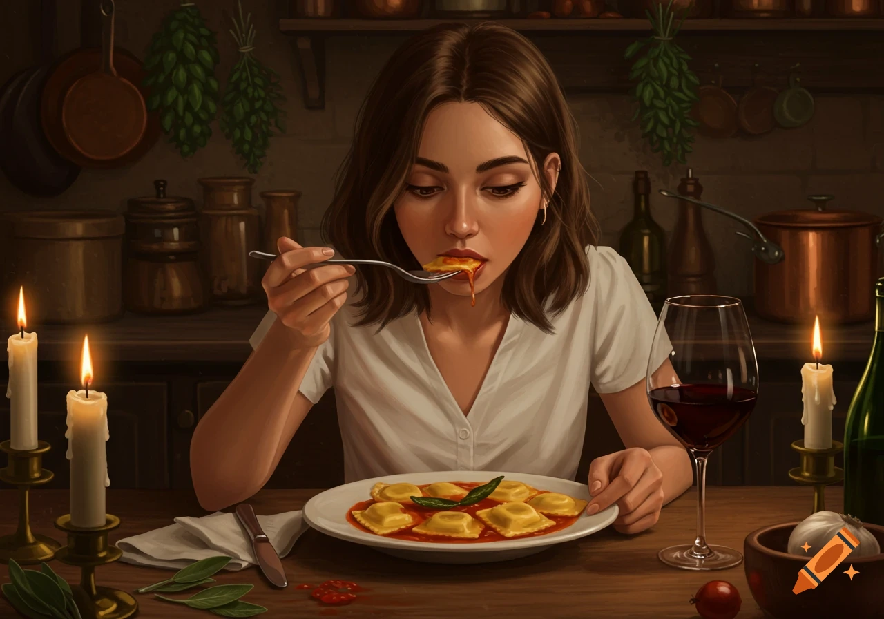A young woman in a white shirt eats ravioli with a fork at a candlelit table in a rustic kitchen.