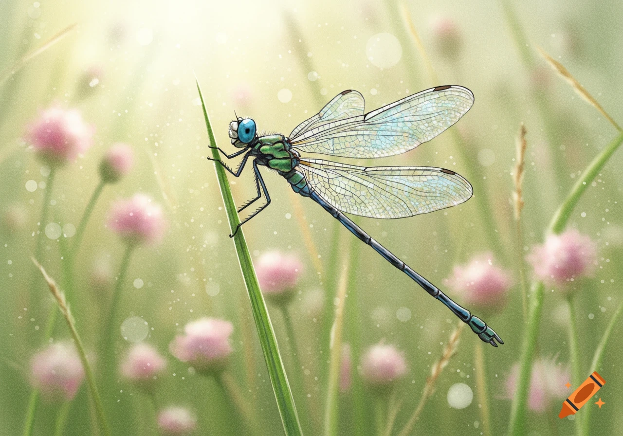 A detailed drawing of a green and blue dragonfly perched on a blade of grass, surrounded by blurred pink flowers and soft light with bokeh effects.