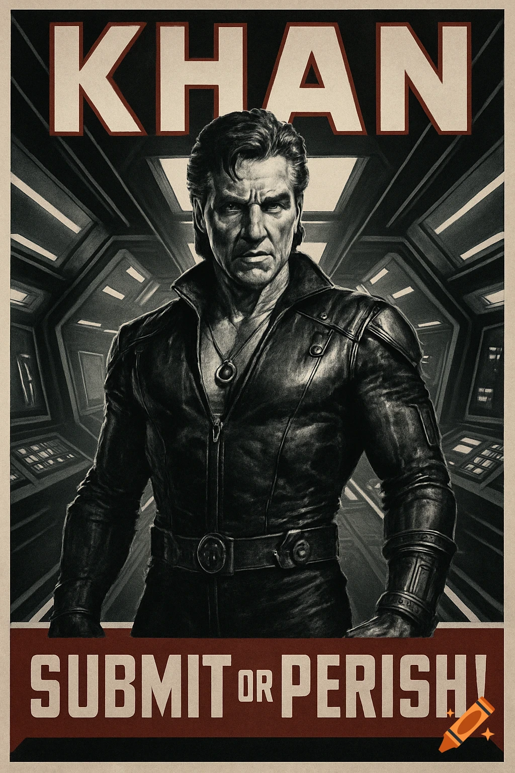 Vintage style propaganda poster of Star Trek villain Khan with text 'KHAN' and 'SUBMIT OR PERISH!'