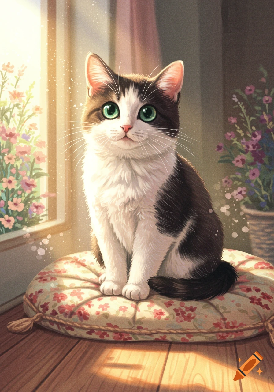 A cute brown and white tuxedo cat with bright green eyes sits on a floral pillow in a sunlit room, digital art style.