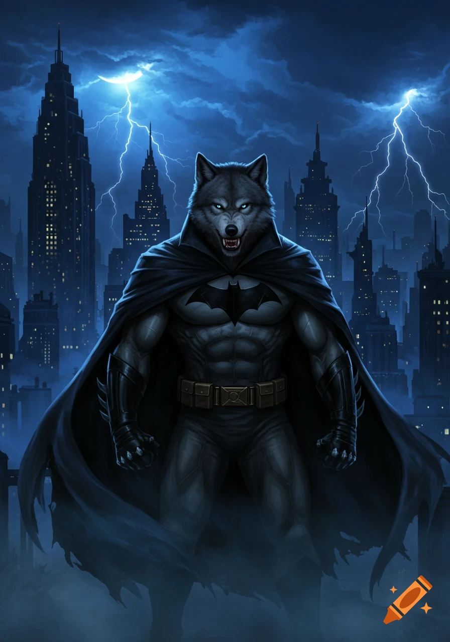 A powerful wolf-headed superhero resembling Batman stands in a dark, lightning-struck city, dramatic comic art style.