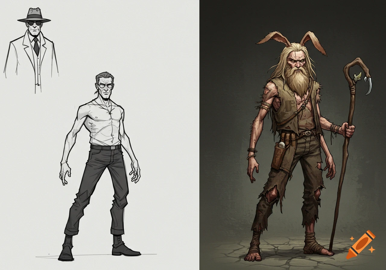 A two-panel image featuring comic book character designs. On the left, a man in a fedora and sunglasses, and a shirtless man. On the right, a bearded man with rabbit ears and ragged clothes holding a staff.