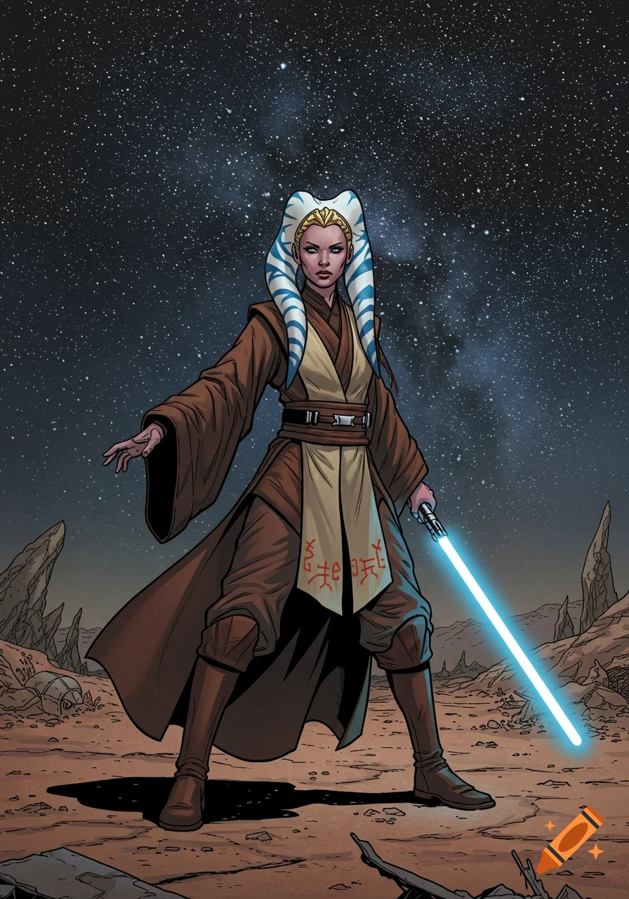 A female Togruta Jedi Knight, resembling Ahsoka Tano, stands on a rocky alien planet under a starry night sky, holding a blue lightsaber in a comic art style.