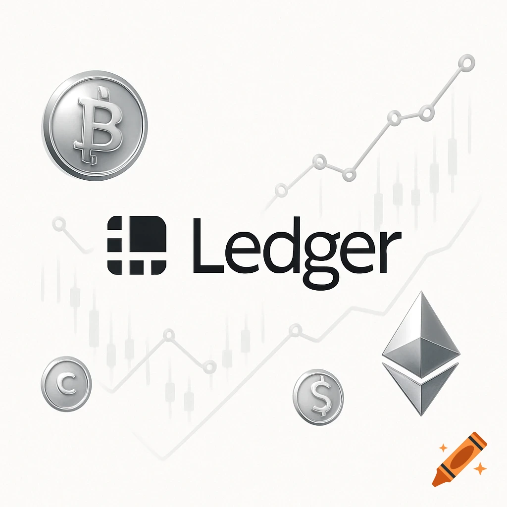 Ledger logo with Bitcoin and Ethereum symbols, other coins, and a trading chart on a white background.
