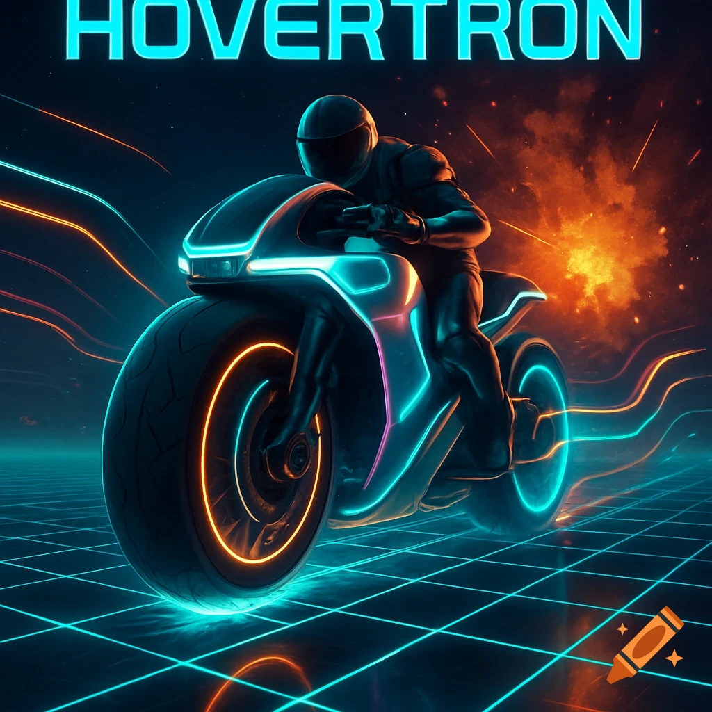 A futuristic motorcyclist on a neon-lit hoverbike speeds on a grid surface with an explosion, titled HOVERTRON.