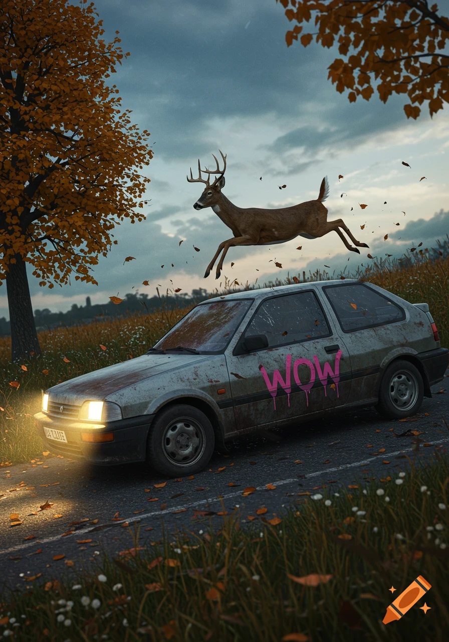 A deer leaps over a dirty, grey two-door car with pink 'WOW' graffiti, on an autumn road with falling leaves under a cloudy sky.