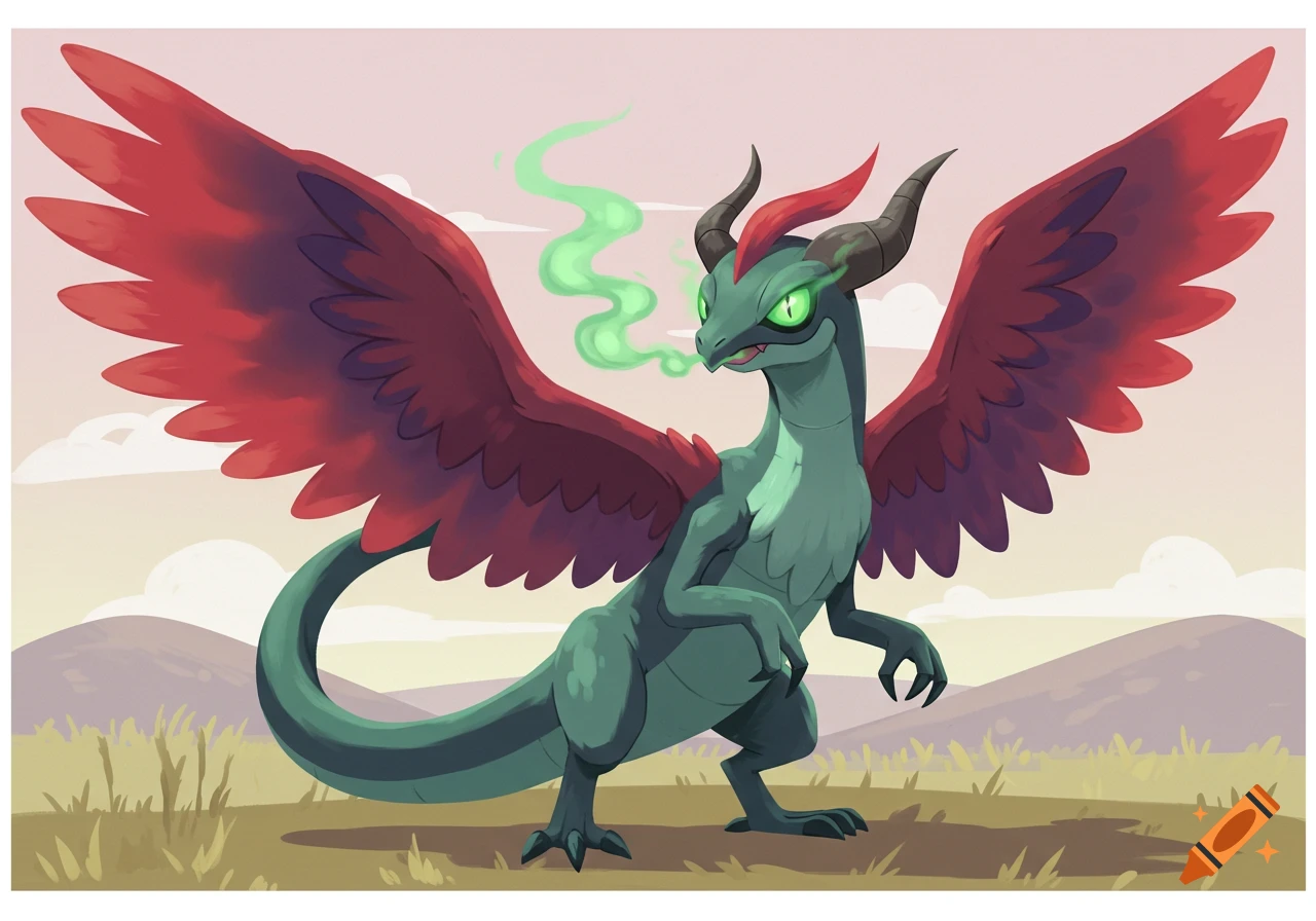 A green dragon-like creature with red wings and horns exhales green smoke, standing in a field in a cartoon style.