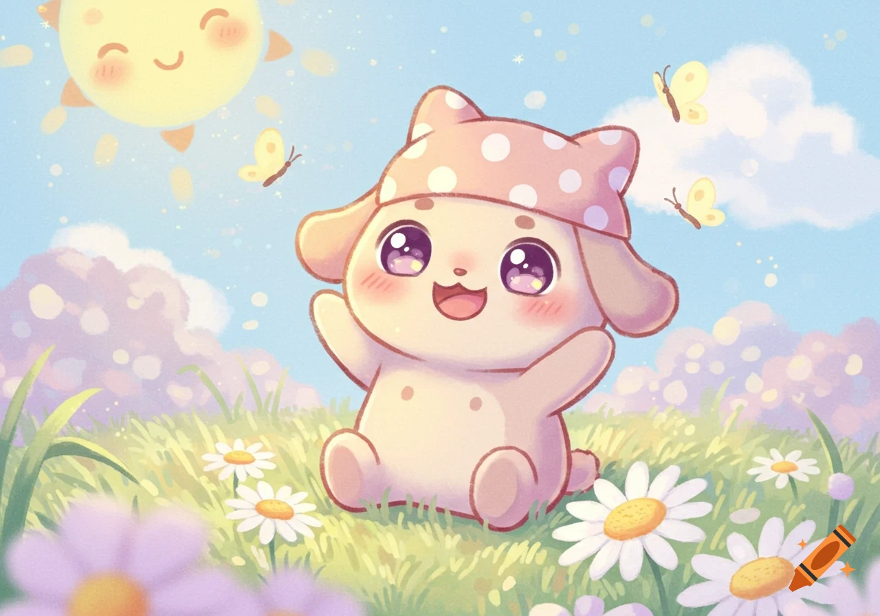 A cute cartoon puppy-like character in a pink polka dot hat sits happily in a field of daisies under a smiling sun and butterflies.