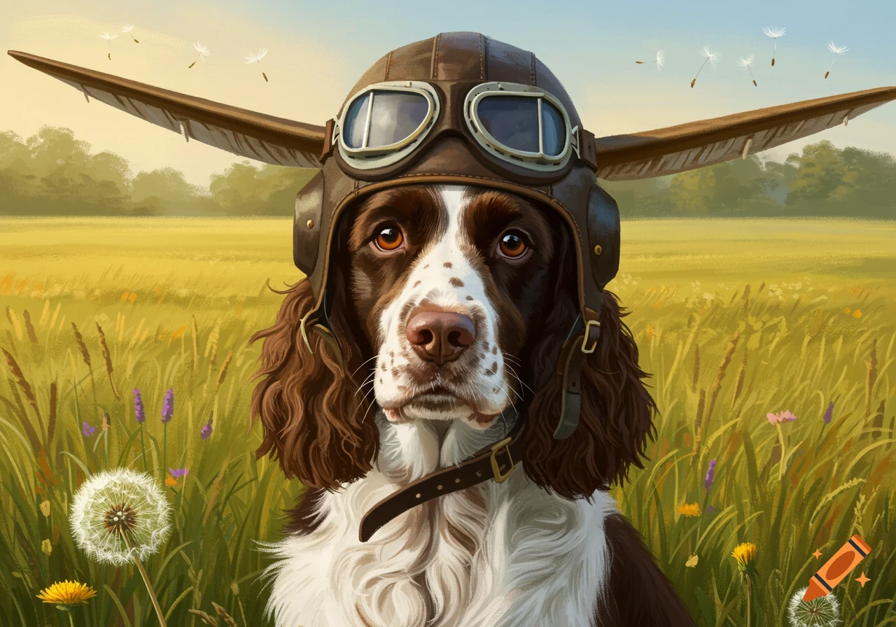 A brown and white Springer Spaniel dog wears a pilot's helmet with wings and goggles in a golden field of tall grass. Digital painting.