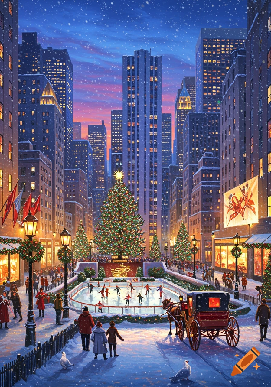 A festive, snowy winter cityscape with skyscrapers, a large Christmas tree, an ice rink with skaters, and people walking, at dusk.