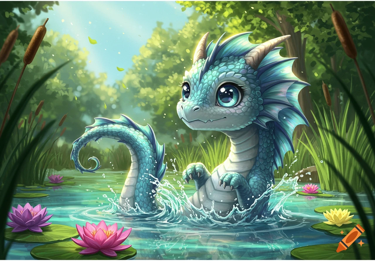 A cute blue-green dragon with big eyes splashes in a vibrant pond filled with colorful water lilies, surrounded by lush green foliage and sunlight.