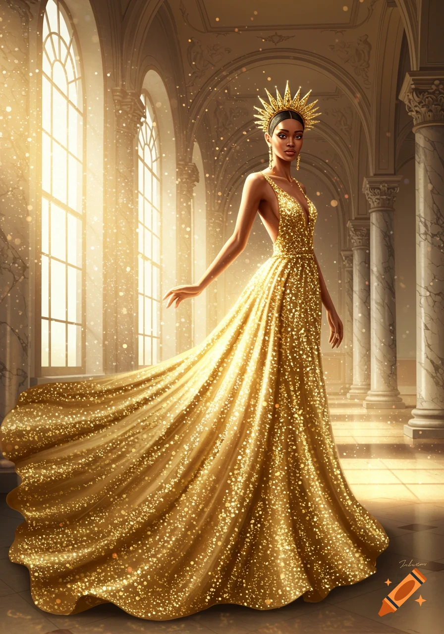 A majestic woman in a shimmering golden empress gown and crown stands in a grand, sunlit hall with tall arched windows.