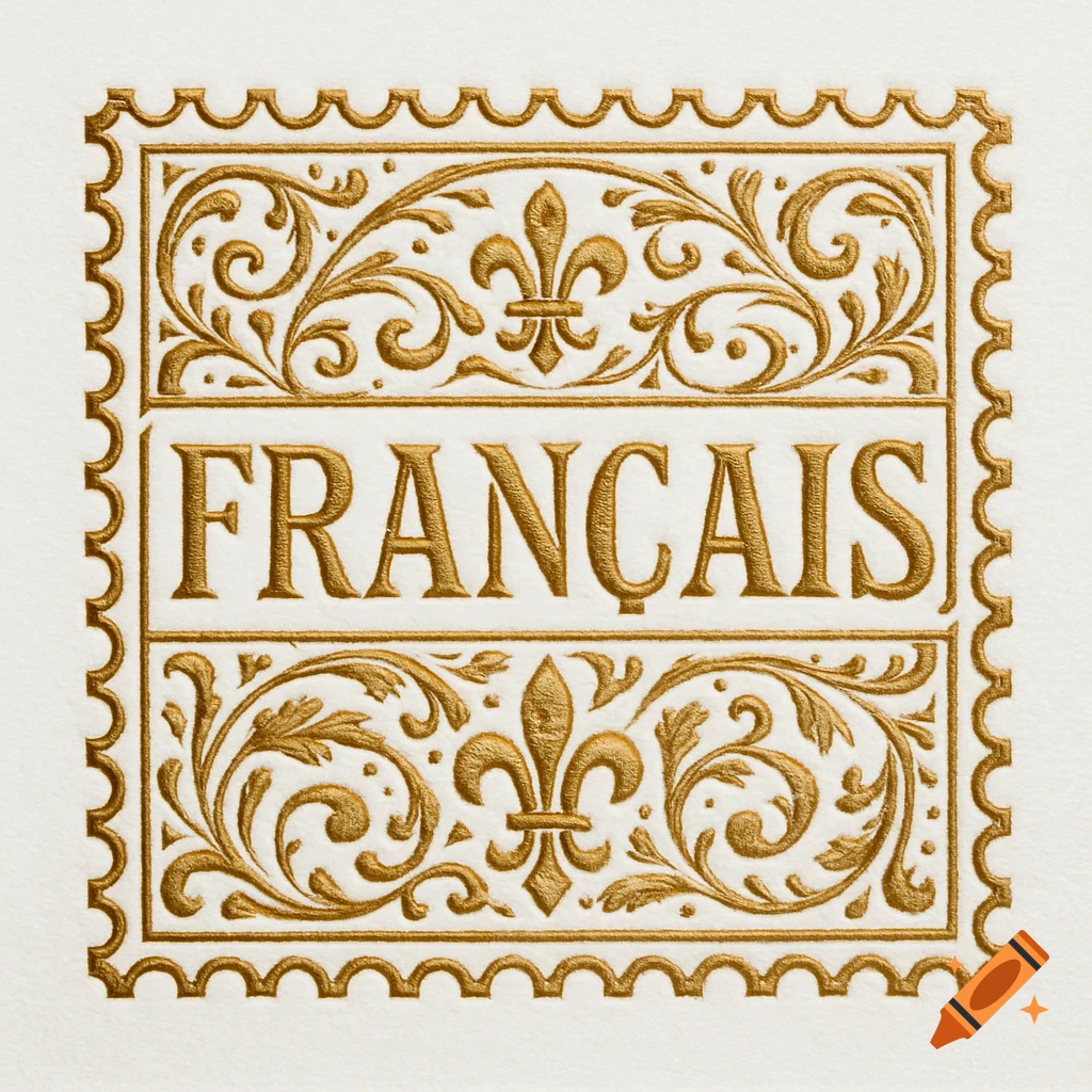 A gold embossed decorative stamp with the word 'FRAN ÇAIS' in the center, surrounded by ornate filigree and fleur-de-lis symbols on white.