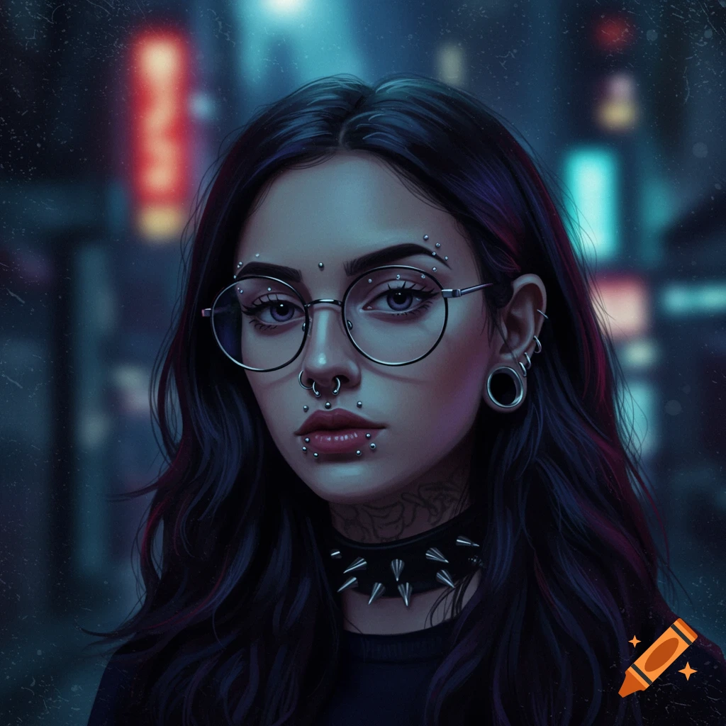 Stylized digital art portrait of a woman with dark hair, round glasses, many facial piercings, ear gauges, and a spiked choker, against a blurred neon city background.