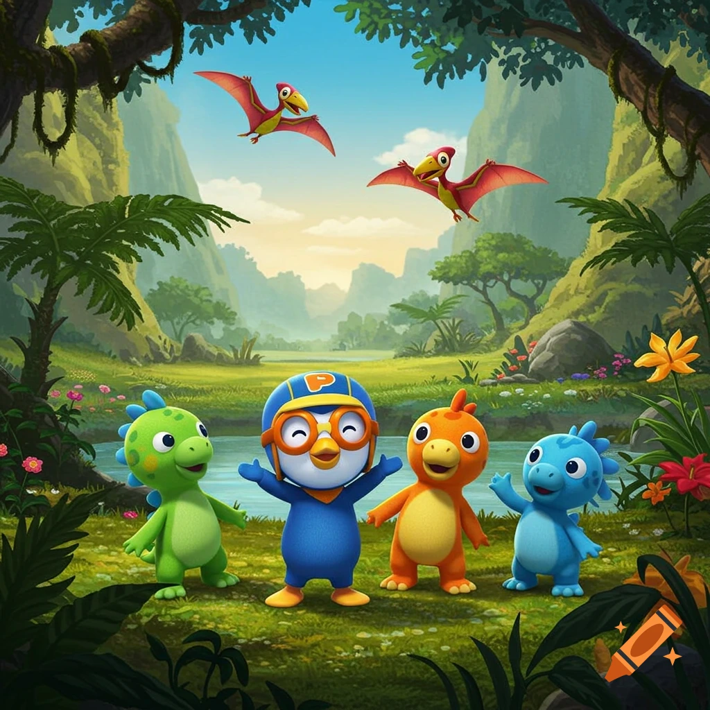 A group of cheerful cartoon characters, including a penguin and three dinosaurs, stand in a vibrant green jungle with trees and mountains.