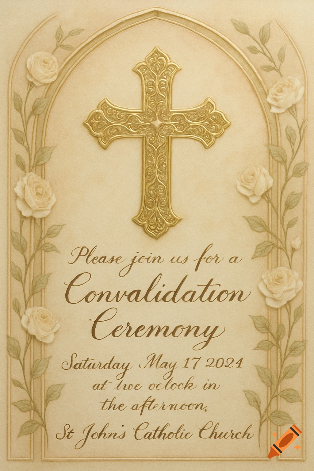 An ornate golden cross and white roses on a beige religious invitation for a convalidation ceremony.