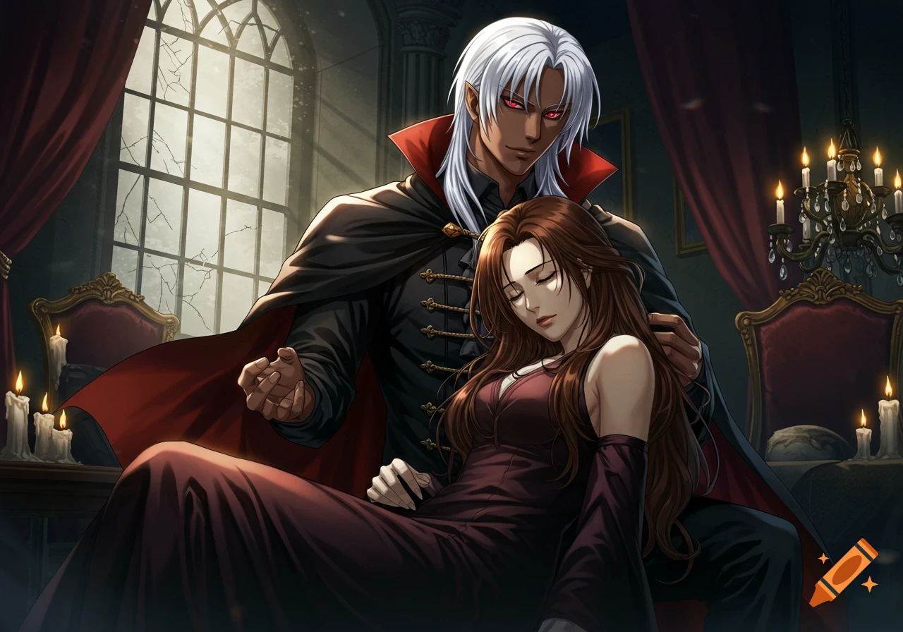 An anime illustration of a white-haired, red-eyed vampire man in a black cape holding an unconscious brown-haired woman in a gothic room.