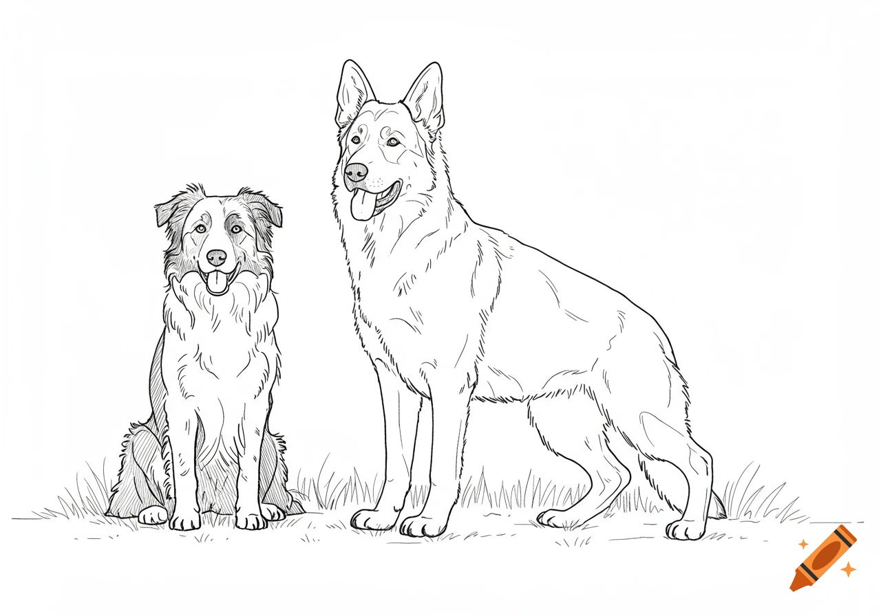 Simple clean line art drawing of a sitting Border Collie and a standing German Shepherd on grass.