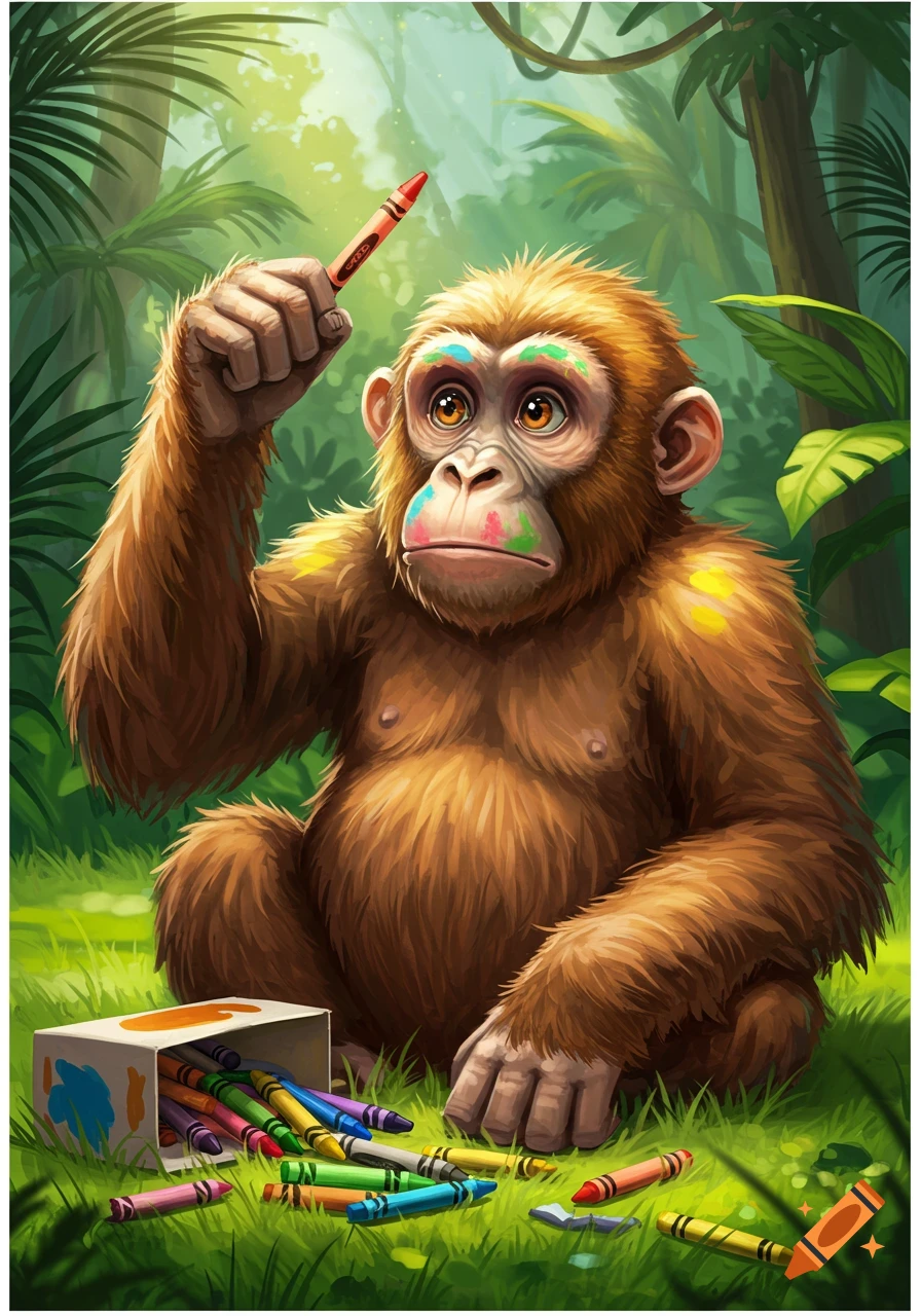 A brown ape in a jungle setting holds a red crayon, with colorful smudges on its face and body. A box of crayons is spilled on the grass next to it.