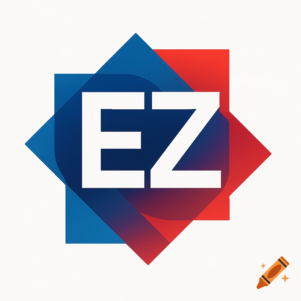 A logo with large white letters "EZ" in the center, set against a background of overlapping blue and red squares rotated on their corners.