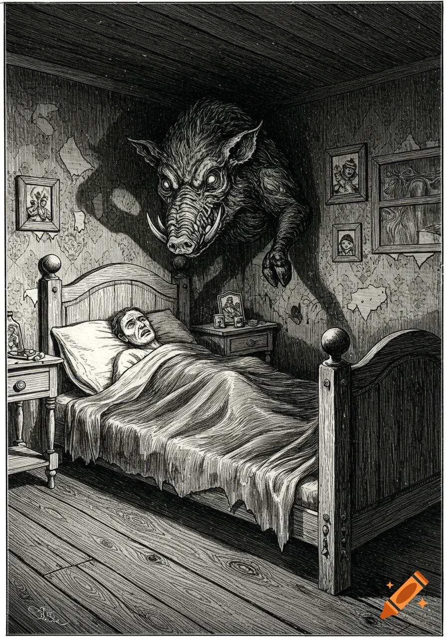 A black and white etching shows a man awake in bed, staring in terror at a large, monstrous boar demon floating above him in a dark bedroom.