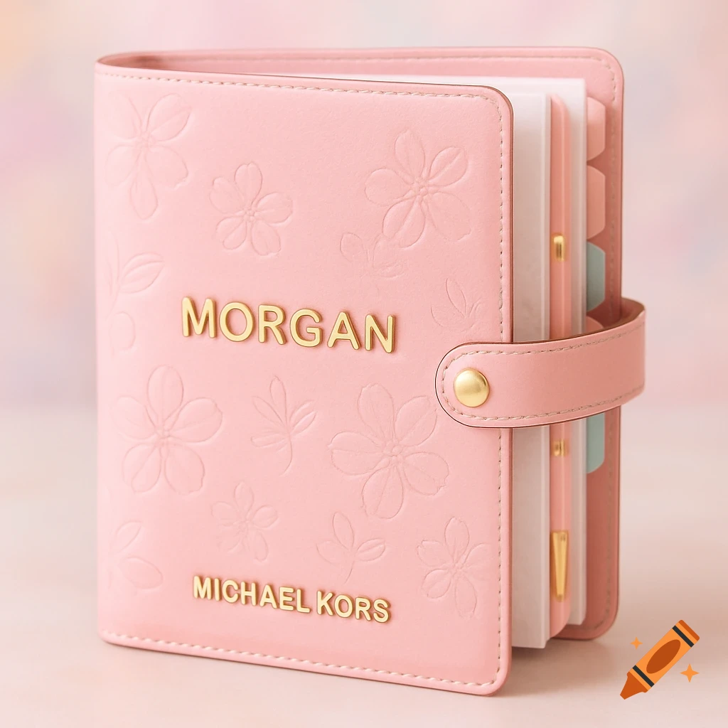 A pink leather binder with embossed flowers, featuring gold lettering spelling "MORGAN" and "MICHAEL KORS" on the cover.