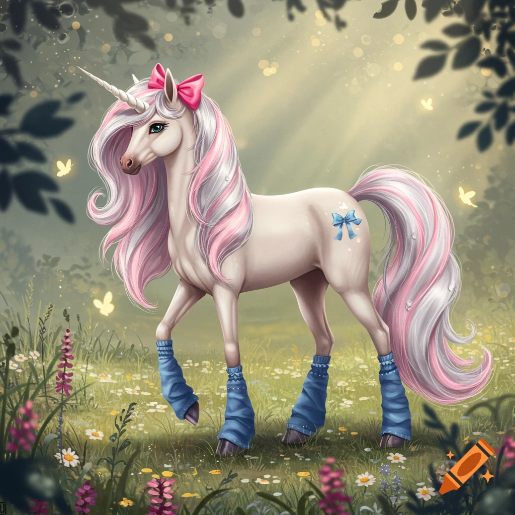 A whimsical white unicorn with a pink and white mane, a pink bow, and blue leg warmers in a sunlit forest with butterflies.