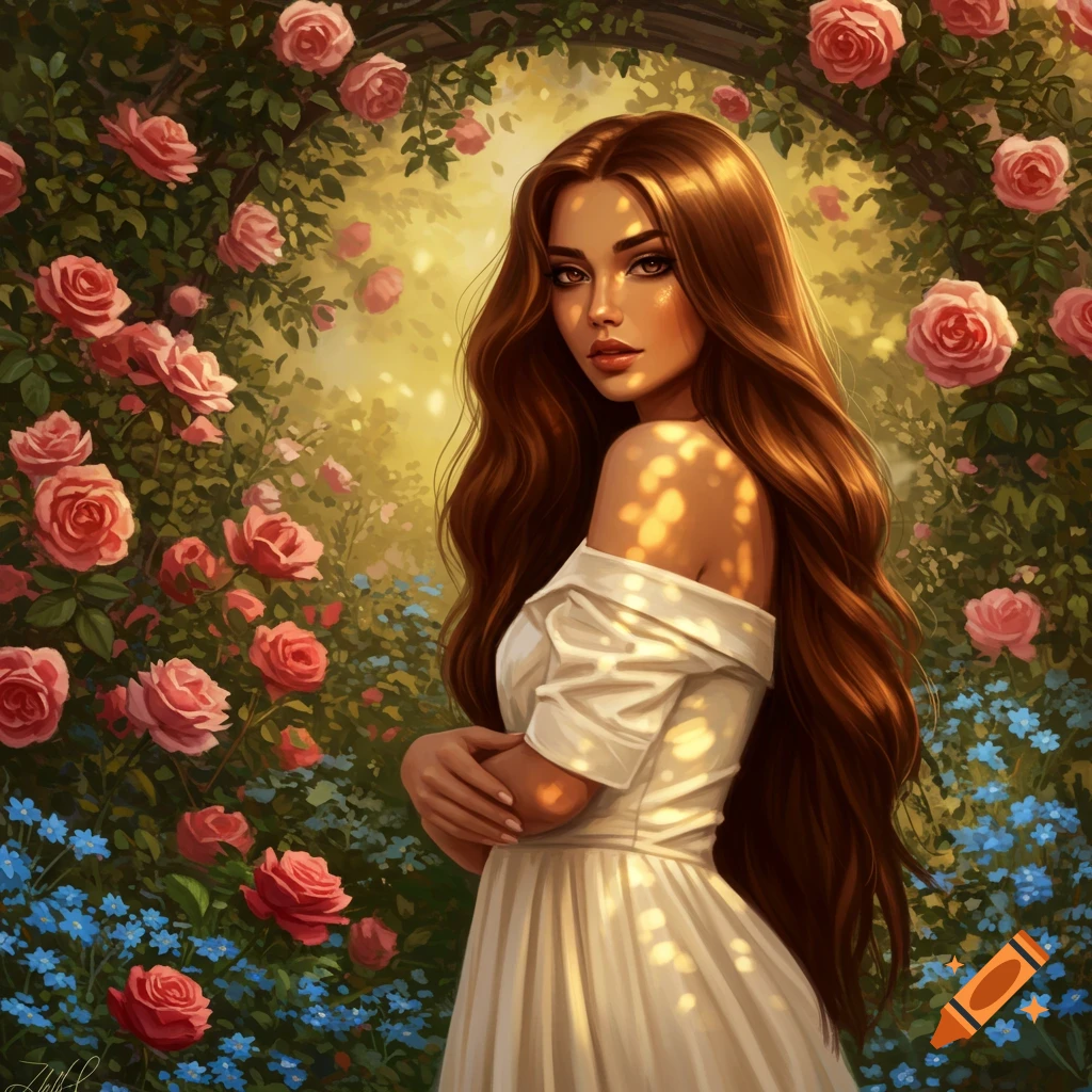 A beautiful woman with long brown hair in a white dress stands in a garden surrounded by pink roses and blue flowers, with dappled sunlight.