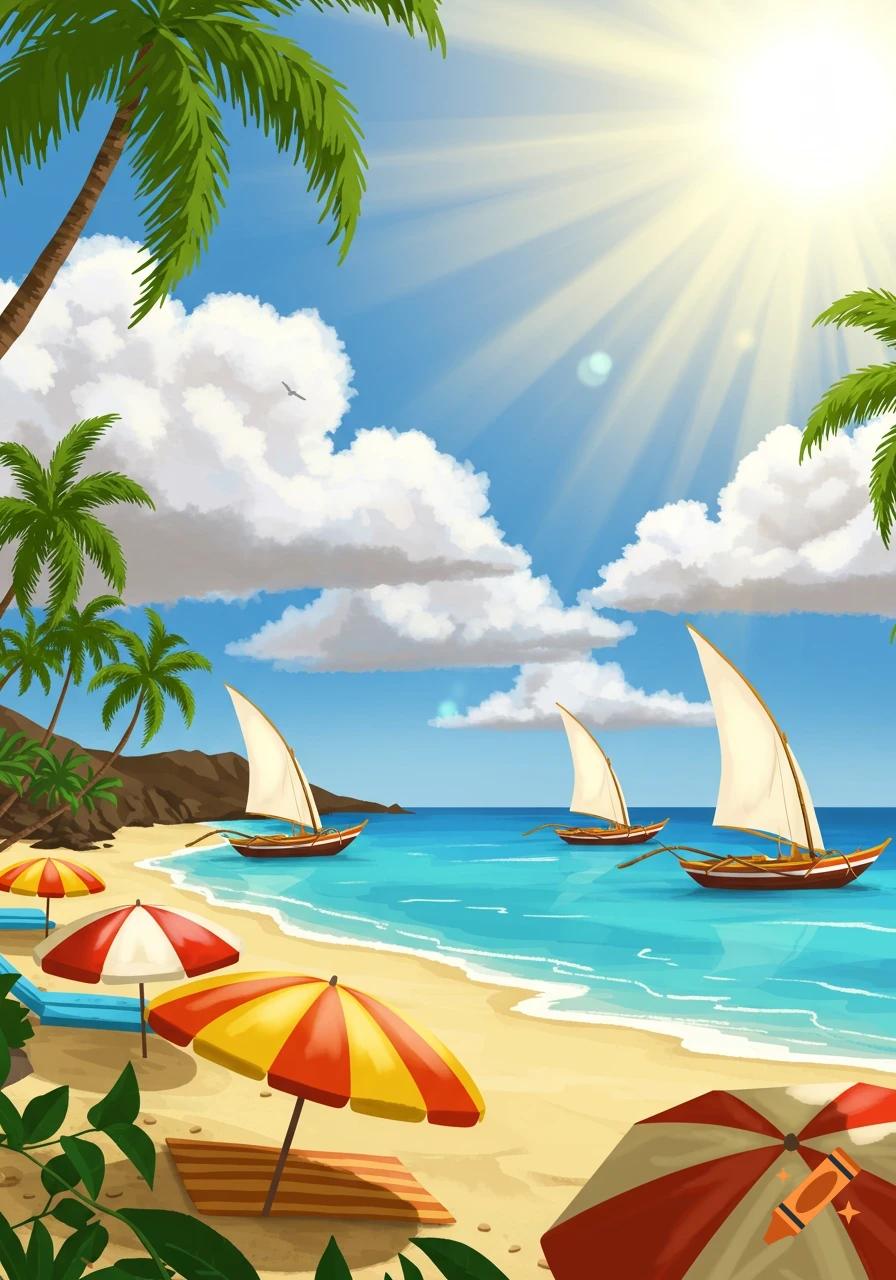 A vibrant illustration of a sunny tropical beach with palm trees, colorful umbrellas, and sailboats on turquoise water.