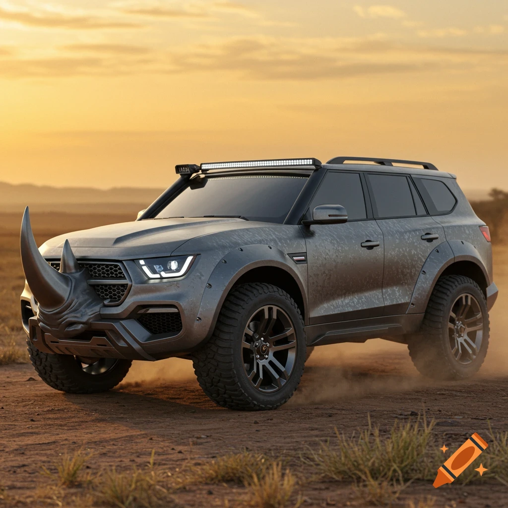 A dark gray SUV with a large rhino horn on its front drives on a dusty dirt road under a sunset sky.