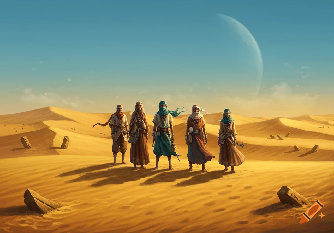Five robed figures stand in a vast sand dune desert under a blue sky with a large planet or moon visible.