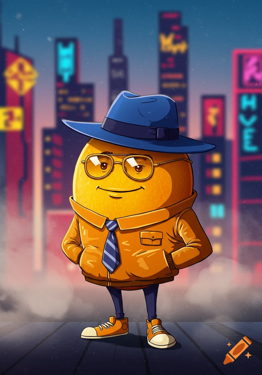 A cartoon lemon-like character wearing a blue fedora, yellow glasses, an orange jacket, and a striped tie, standing in a stylized neon city at night.