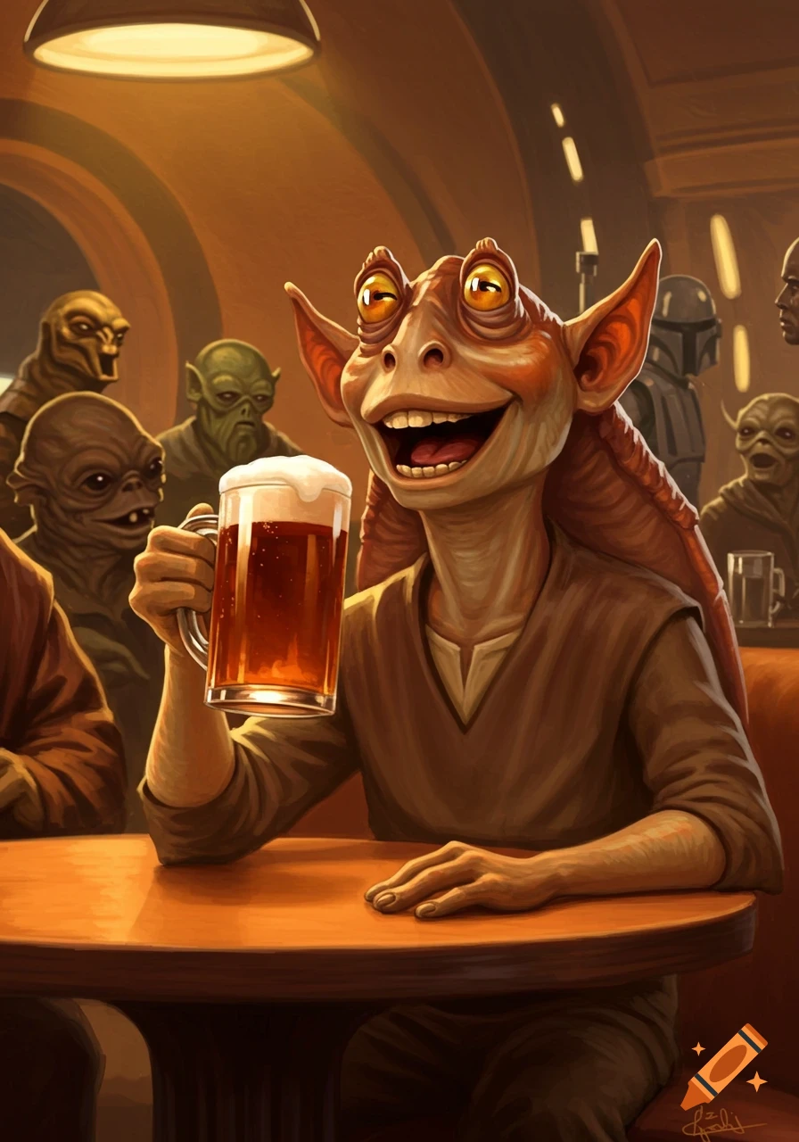 Jar Jar Binks laughs while holding a mug of beer in a dimly lit Star Wars cantina, surrounded by other aliens.