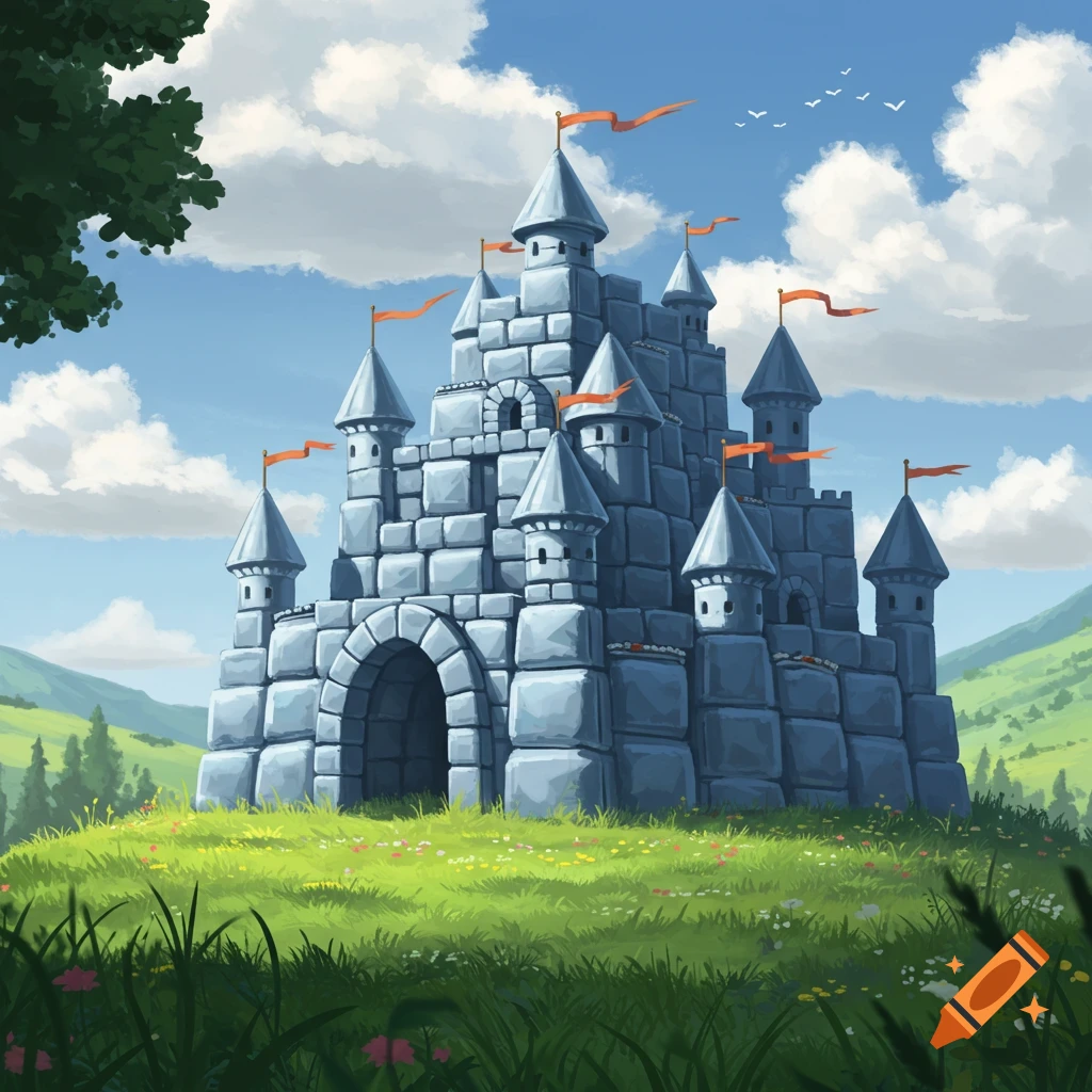 A grey stone castle with orange flags stands on a green, grassy hill under a blue sky with white clouds, in an illustrative style.