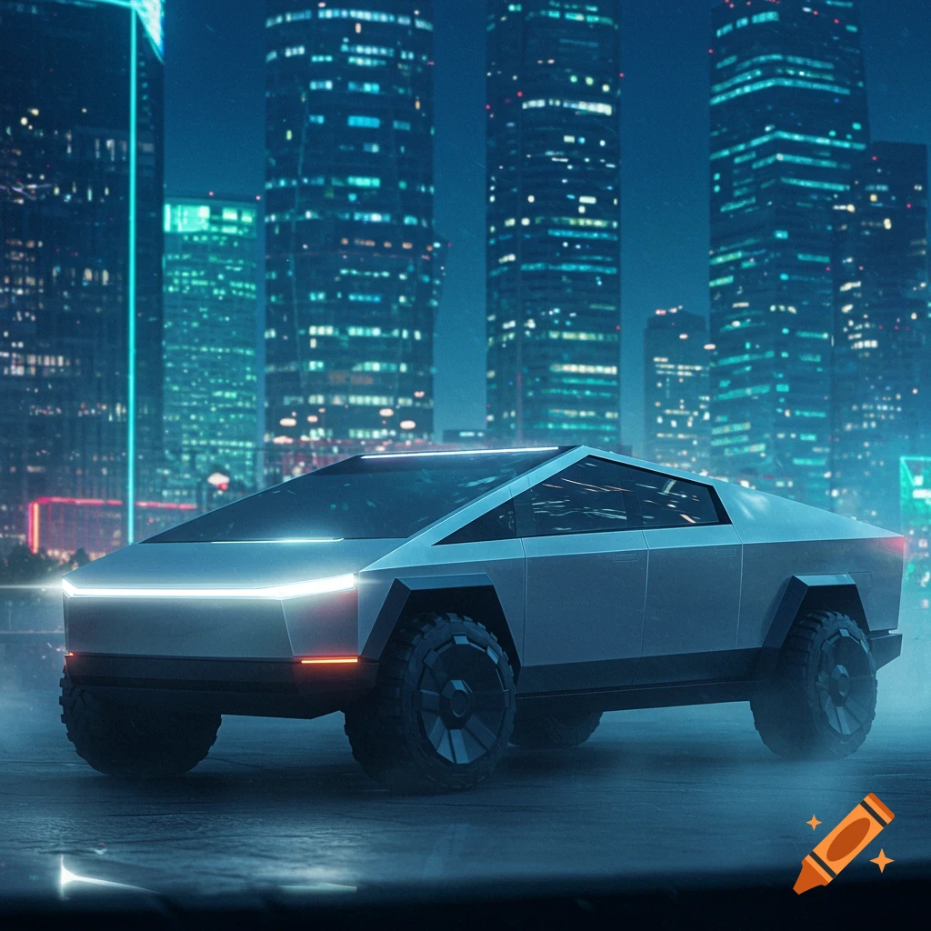 A futuristic electric pickup truck resembling a Tesla Cybertruck, parked in a neon-lit cyberpunk city at night.