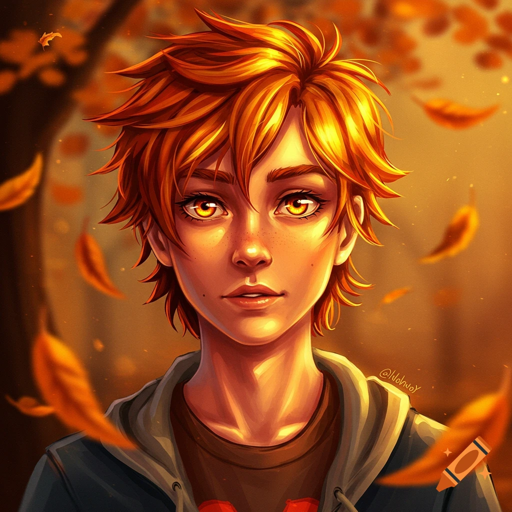 A striking digital art portrait of a young person with bright orange hair and glowing orange eyes, surrounded by golden autumn leaves.