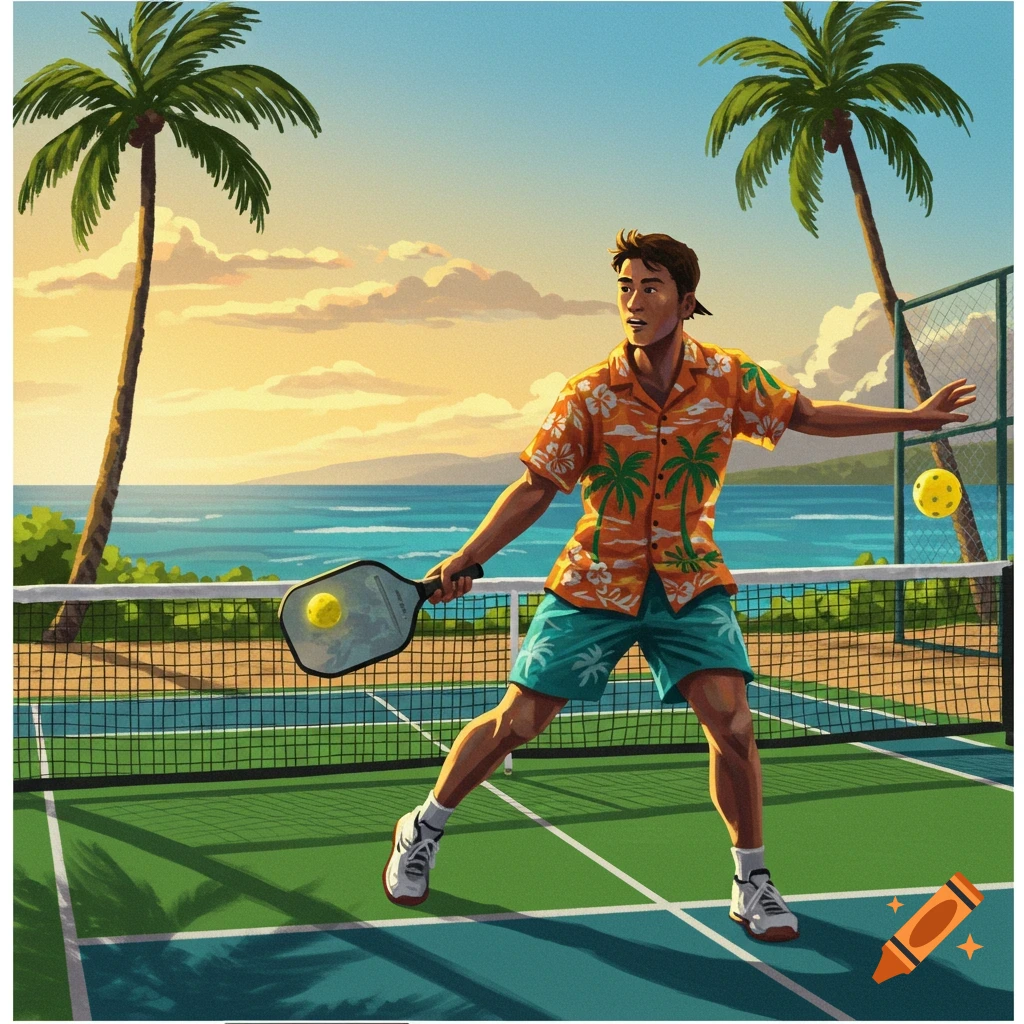 An illustration of a man in a Hawaiian shirt and shorts playing pickleball on an outdoor court with palm trees and ocean in the background.