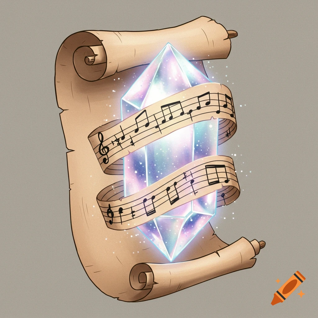An enchanted crystal wrapped in an ancient scroll with musical notes and sparkling lights.