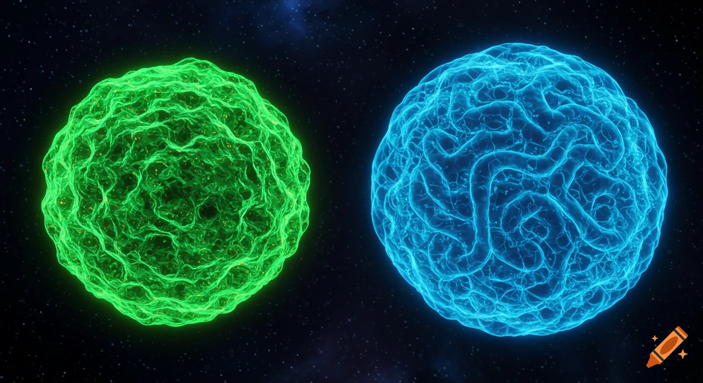 A vibrant green tumor spheroid and a glowing blue brain organoid float against a dark, star-filled cosmic background.